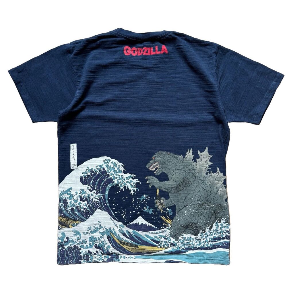 GODZILLA Toho Limited T-shirt Japanese Traditional Ukiyoe Print Navy Size L Rare